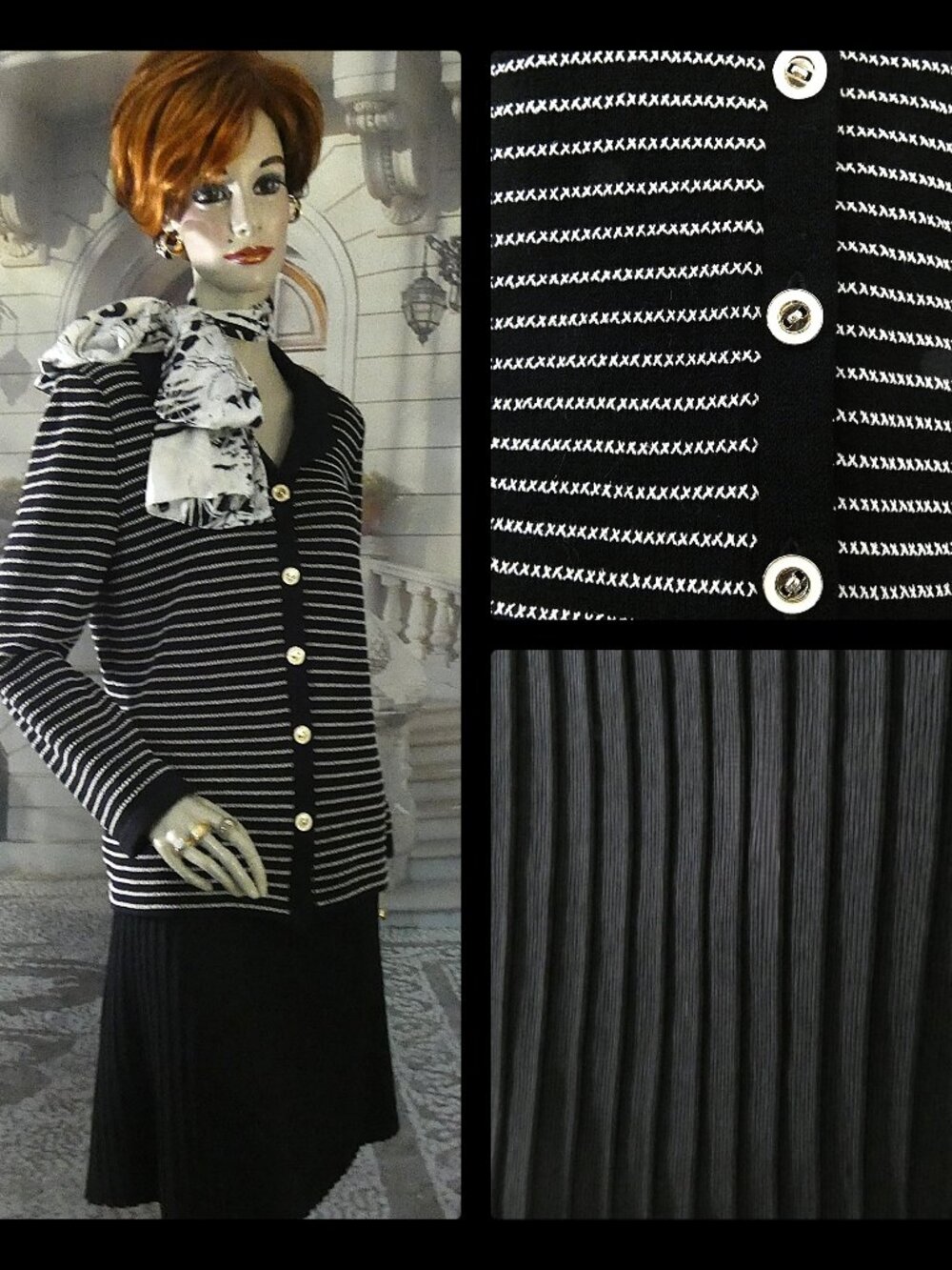 St. John Collection Skirt Suit Sz 12 Jkt Black & White wBlack Trm Blk Pleat Skrt